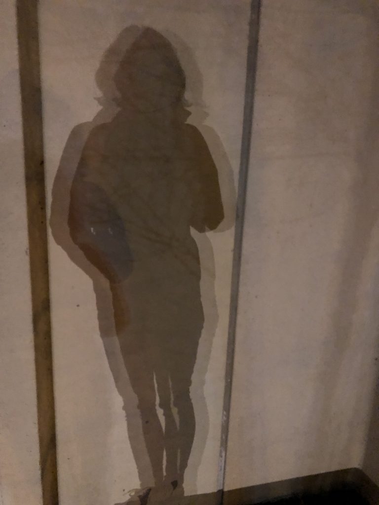 The shadow of a woman is shown on a concrete wall. She is tall with shoulder length hair.